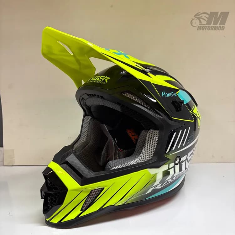 کلاه موتورسیکلت کراسی تایگر مدل Tiger XR Racing فسفری فیروزه ای — تصویر ۶