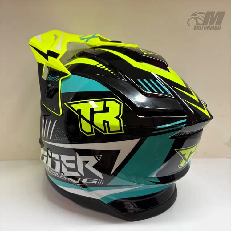 کلاه موتورسیکلت کراسی تایگر مدل Tiger XR Racing فسفری فیروزه ای — تصویر ۴