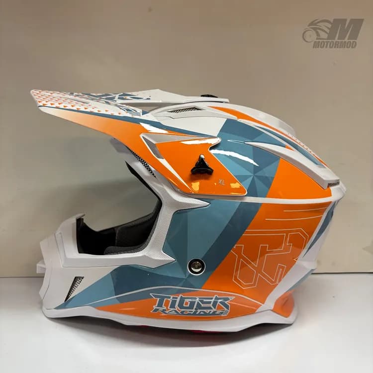 کلاه موتورسیکلت کراسی تایگر مدل Tiger XR Racing سفید نارنجی آبی — تصویر ۳