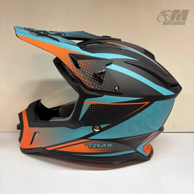 کلاه موتورسیکلت کراسی تایگر مدل Tiger XR Racing مشکی نارنجی آبی — تصویر ۷