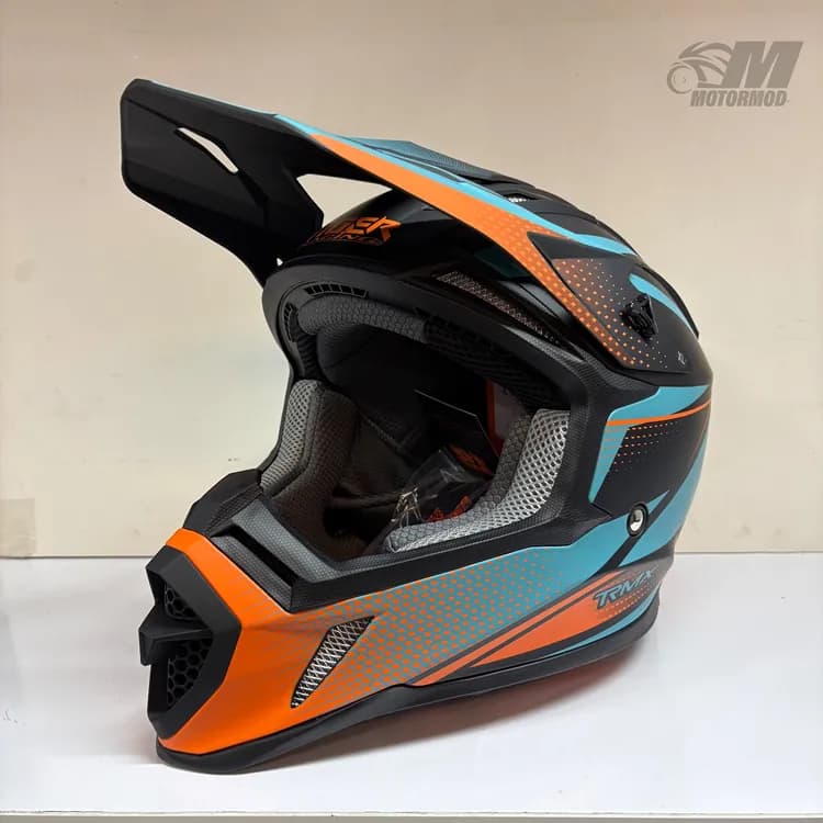کلاه موتورسیکلت کراسی تایگر مدل Tiger XR Racing مشکی نارنجی آبی — تصویر ۲