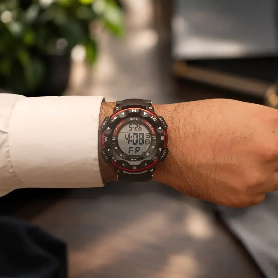 ساعت مچی اسپرت آیک | AIKE طرح G-SHOCK دیجیتالی مدل AK-1837 رنگ مشکی – قرمز به همراه جعبه و پاکت اورجینال — تصویر ۸