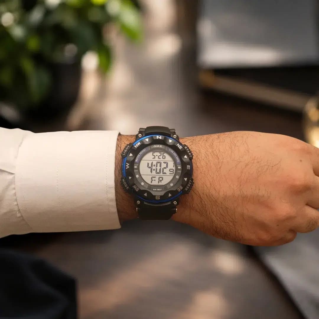 ساعت مچی اسپرت آیک | AIKE طرح G-SHOCK دیجیتالی مدل AK-1837 رنگ مشکی – آبی به همراه جعبه و پاکت اورجینال — تصویر ۸