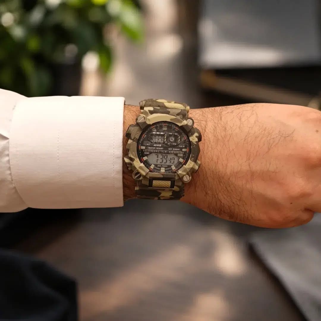 ساعت مچی اسپرت آیک | AIKE طرح G-SHOCK دیجیتالی مدل AK-1933 رنگ سبز ارتشی به همراه جعبه و پاکت اورجینال — تصویر ۲