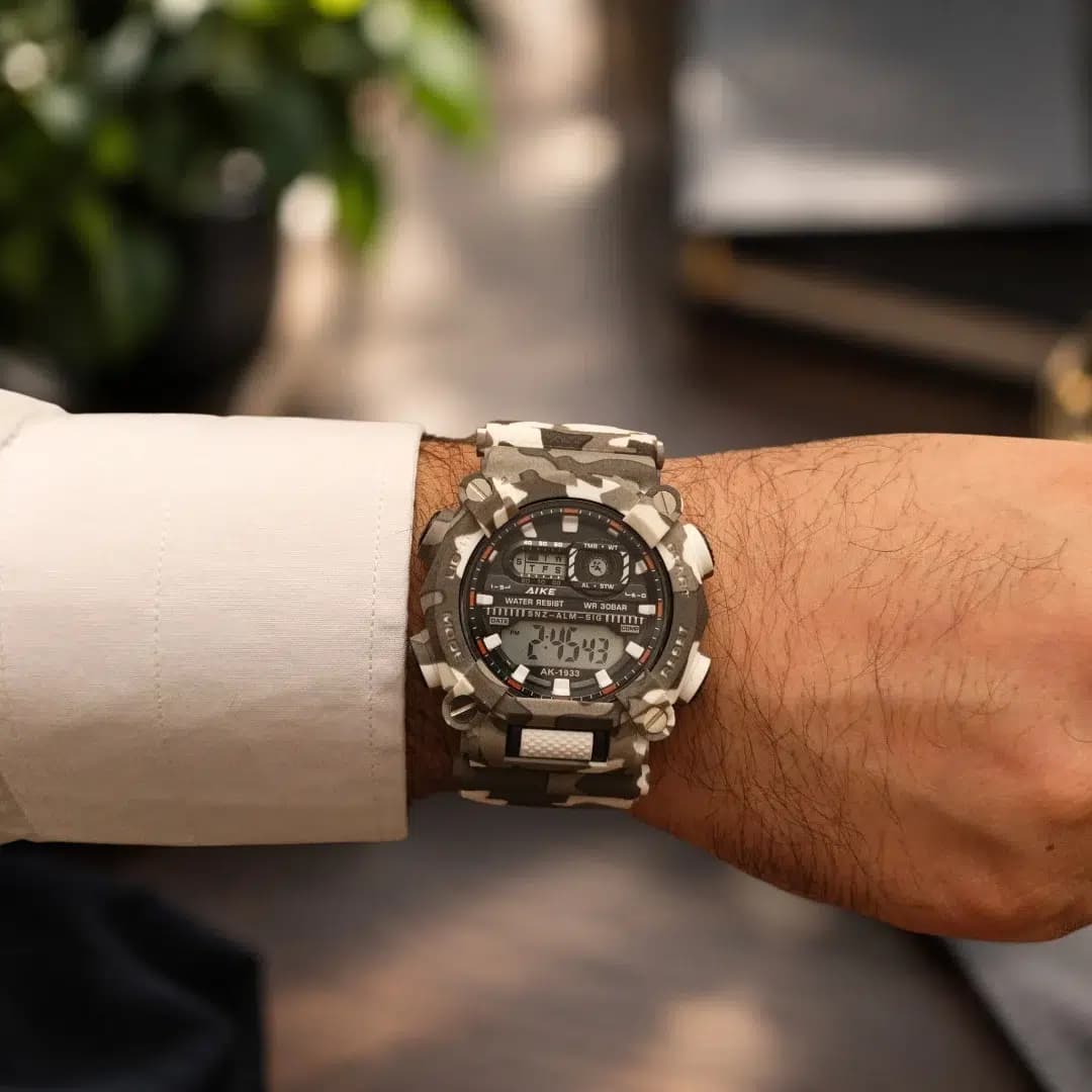 ساعت مچی اسپرت آیک | AIKE طرح G-SHOCK دیجیتالی مدل AK-1933 رنگ طوسی ارتشی به همراه جعبه و پاکت اورجینال — تصویر ۸