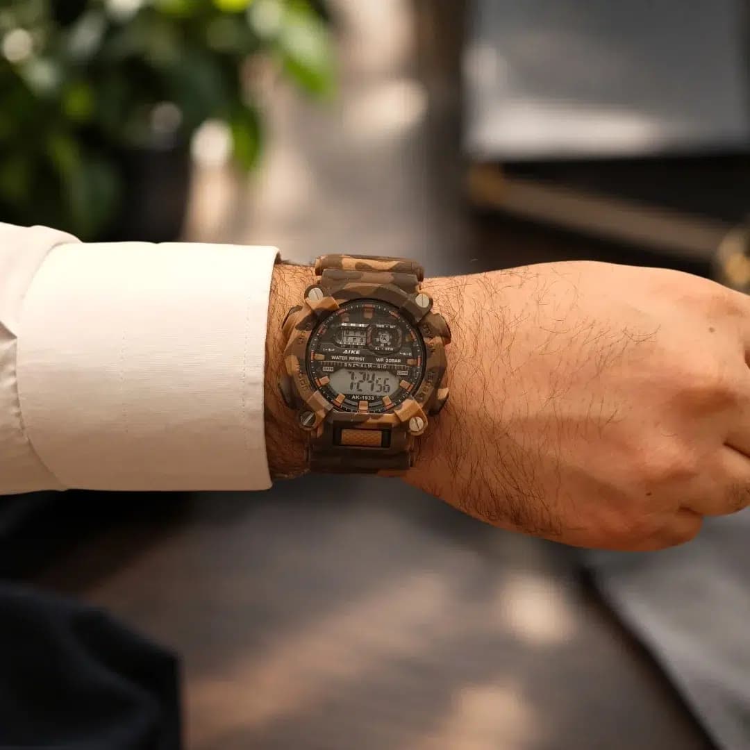 ساعت مچی اسپرت آیک | AIKE طرح G-SHOCK دیجیتالی مدل AK-1933 رنگ قهوه ای ارتشی به همراه جعبه و پاکت اورجینال — تصویر ۸