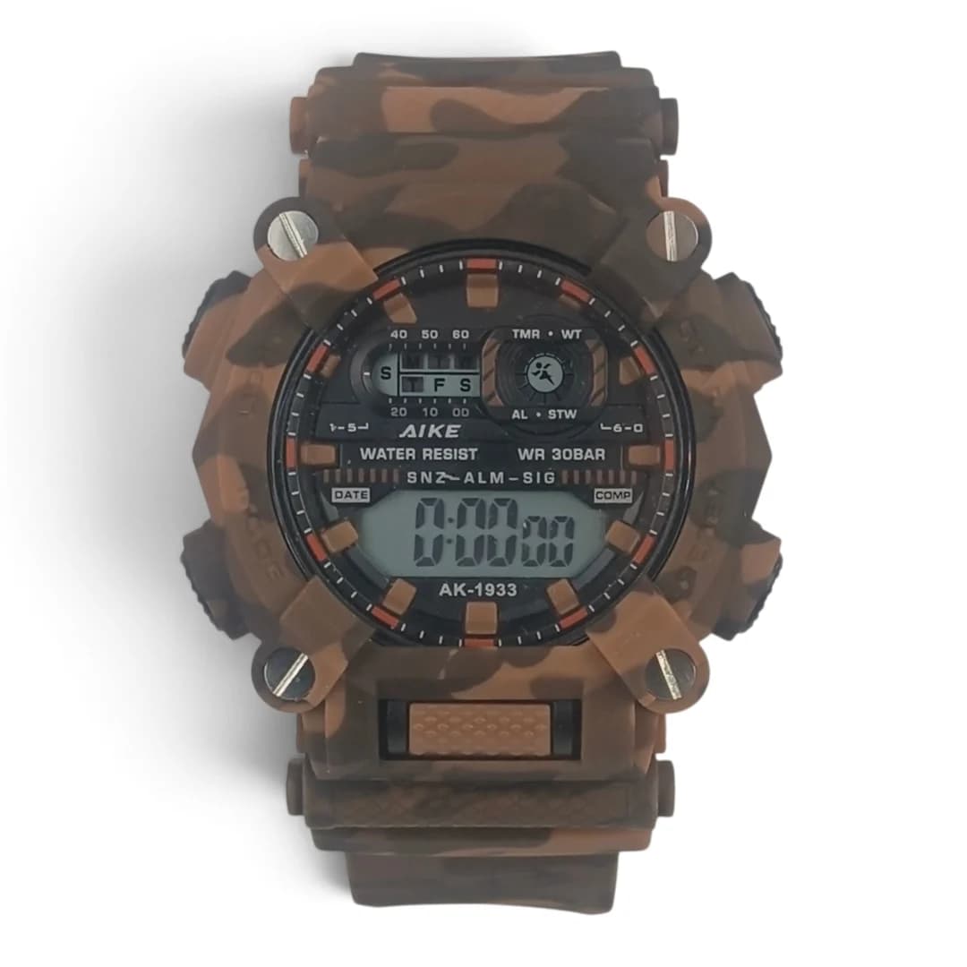 ساعت مچی اسپرت آیک | AIKE طرح G-SHOCK دیجیتالی مدل AK-1933 رنگ قهوه ای ارتشی به همراه جعبه و پاکت اورجینال