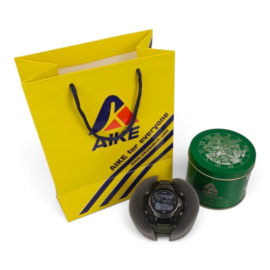 ساعت مچی اسپرت آیک | AIKE طرح G-SHOCK دیجیتالی مدل AK-1856 رنگ مشکی بند سبز به همراه جعبه و پاکت اورجینال — تصویر ۱۲