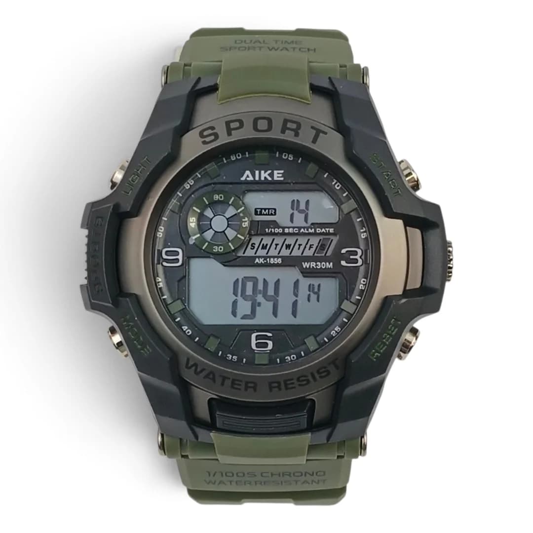 ساعت مچی اسپرت آیک | AIKE طرح G-SHOCK دیجیتالی مدل AK-1856 رنگ مشکی بند سبز به همراه جعبه و پاکت اورجینال — تصویر ۷