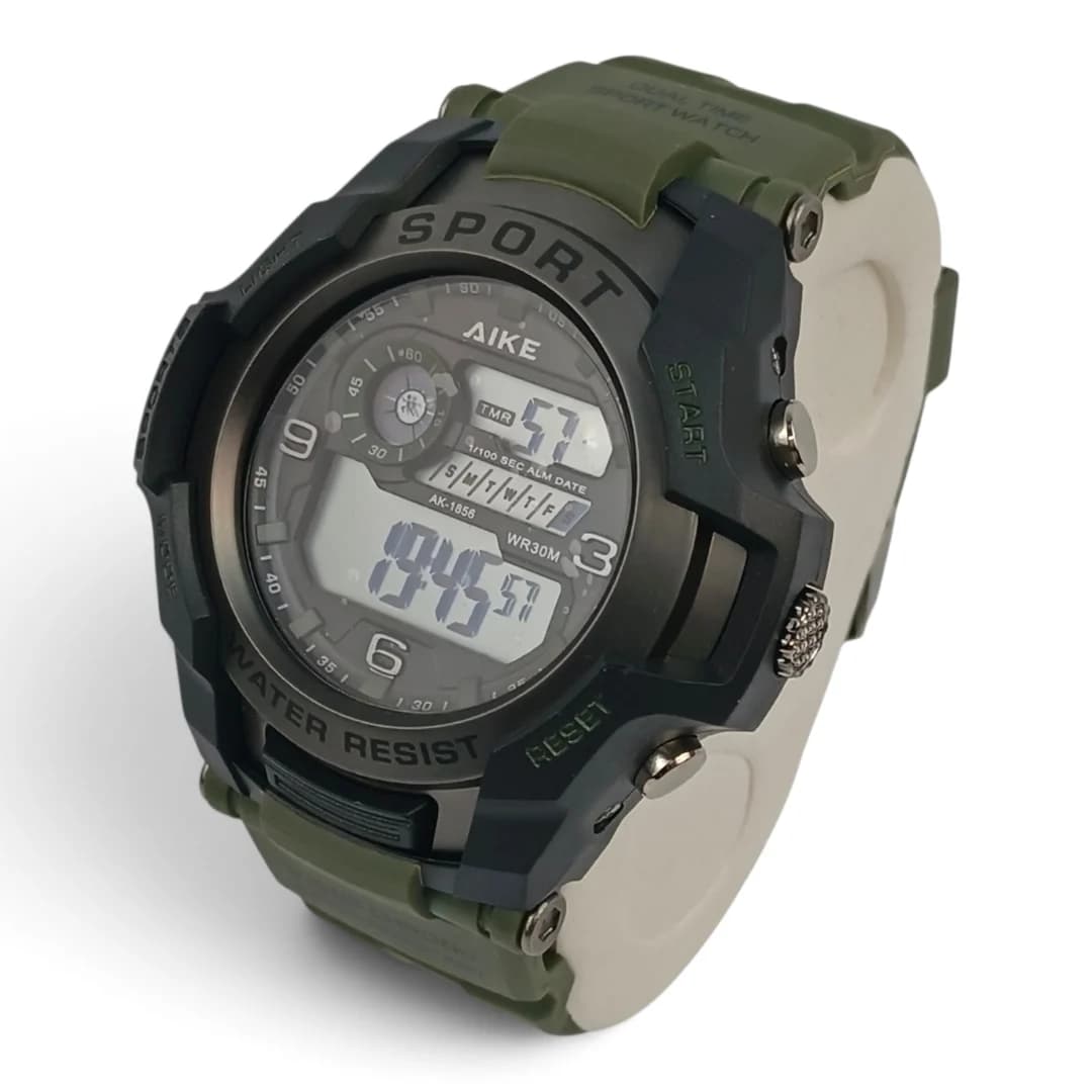 ساعت مچی اسپرت آیک | AIKE طرح G-SHOCK دیجیتالی مدل AK-1856 رنگ مشکی بند سبز به همراه جعبه و پاکت اورجینال — تصویر ۹