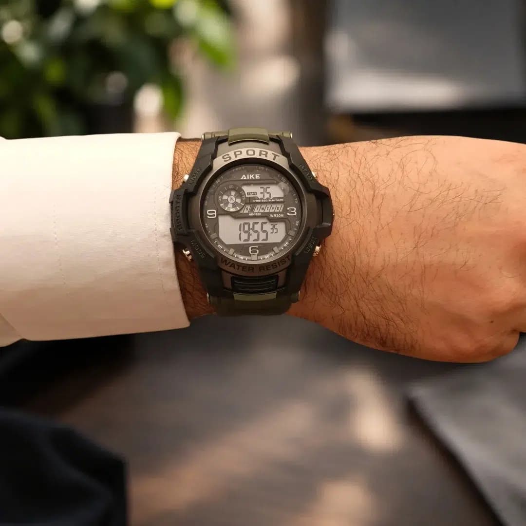 ساعت مچی اسپرت آیک | AIKE طرح G-SHOCK دیجیتالی مدل AK-1856 رنگ مشکی بند سبز به همراه جعبه و پاکت اورجینال — تصویر ۲