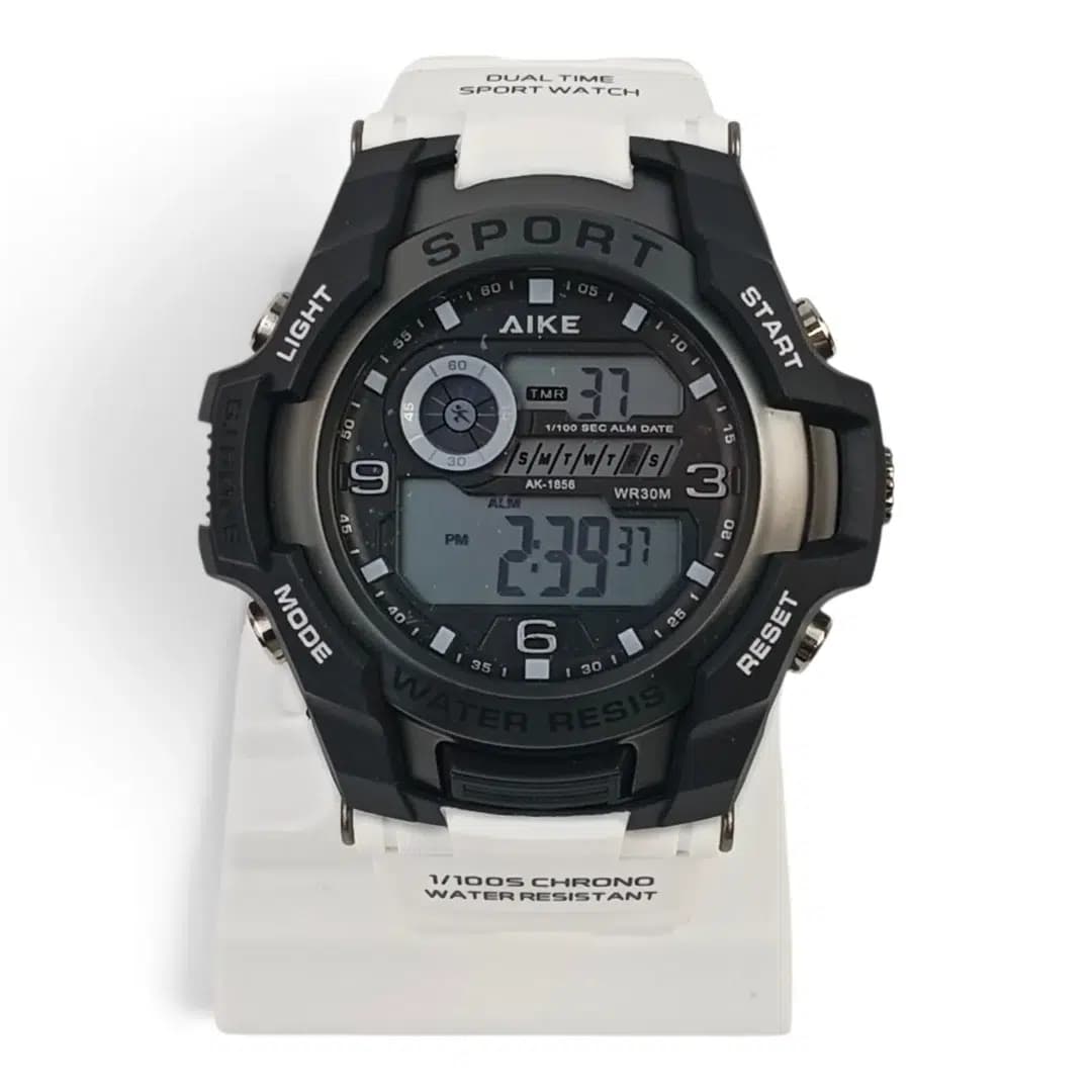 ساعت مچی اسپرت آیک | AIKE طرح G-SHOCK دیجیتالی مدل AK-1856 رنگ مشکی بند سفید به همراه جعبه و پاکت اورجینال — تصویر ۷