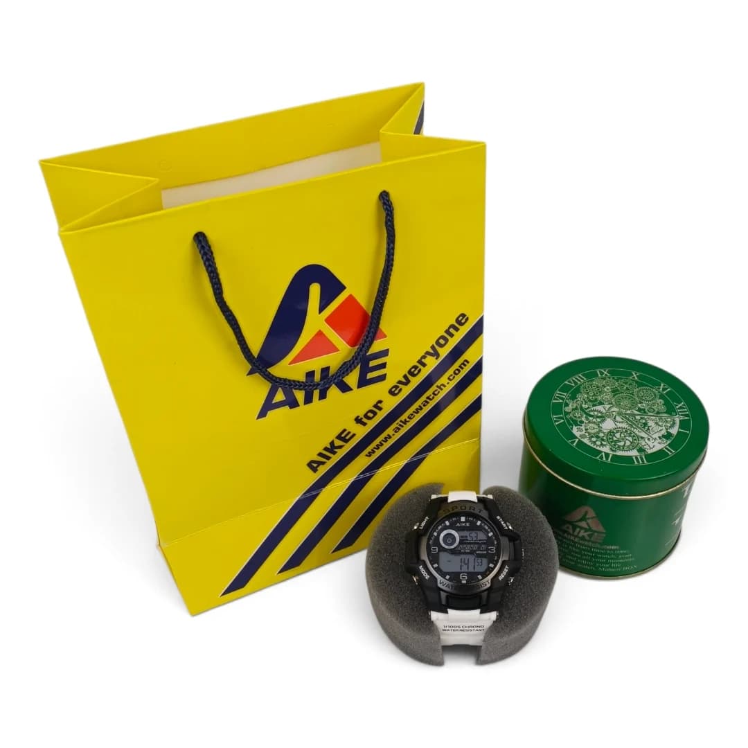 ساعت مچی اسپرت آیک | AIKE طرح G-SHOCK دیجیتالی مدل AK-1856 رنگ مشکی بند سفید به همراه جعبه و پاکت اورجینال — تصویر ۶