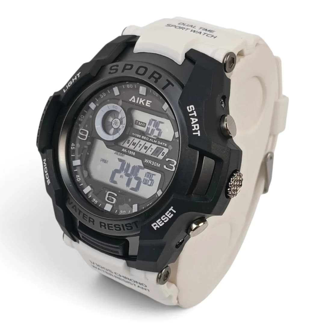 ساعت مچی اسپرت آیک | AIKE طرح G-SHOCK دیجیتالی مدل AK-1856 رنگ مشکی بند سفید به همراه جعبه و پاکت اورجینال — تصویر ۳