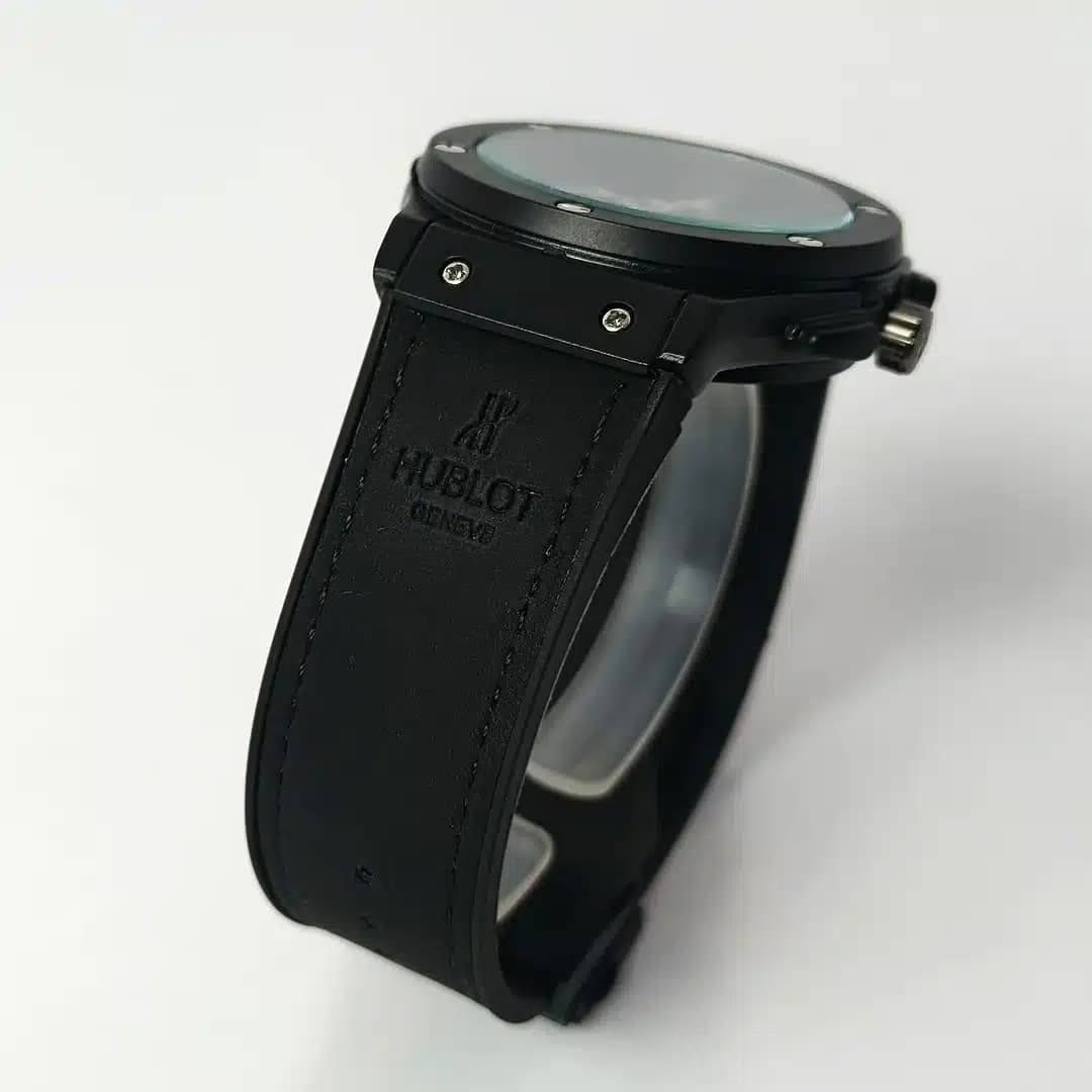 ساعت مچی مردانه و پسرانه هابلوت HUBLOT طرح کورنوگراف (های کپی درجه 1 ) مشکی بند چرم — تصویر ۴
