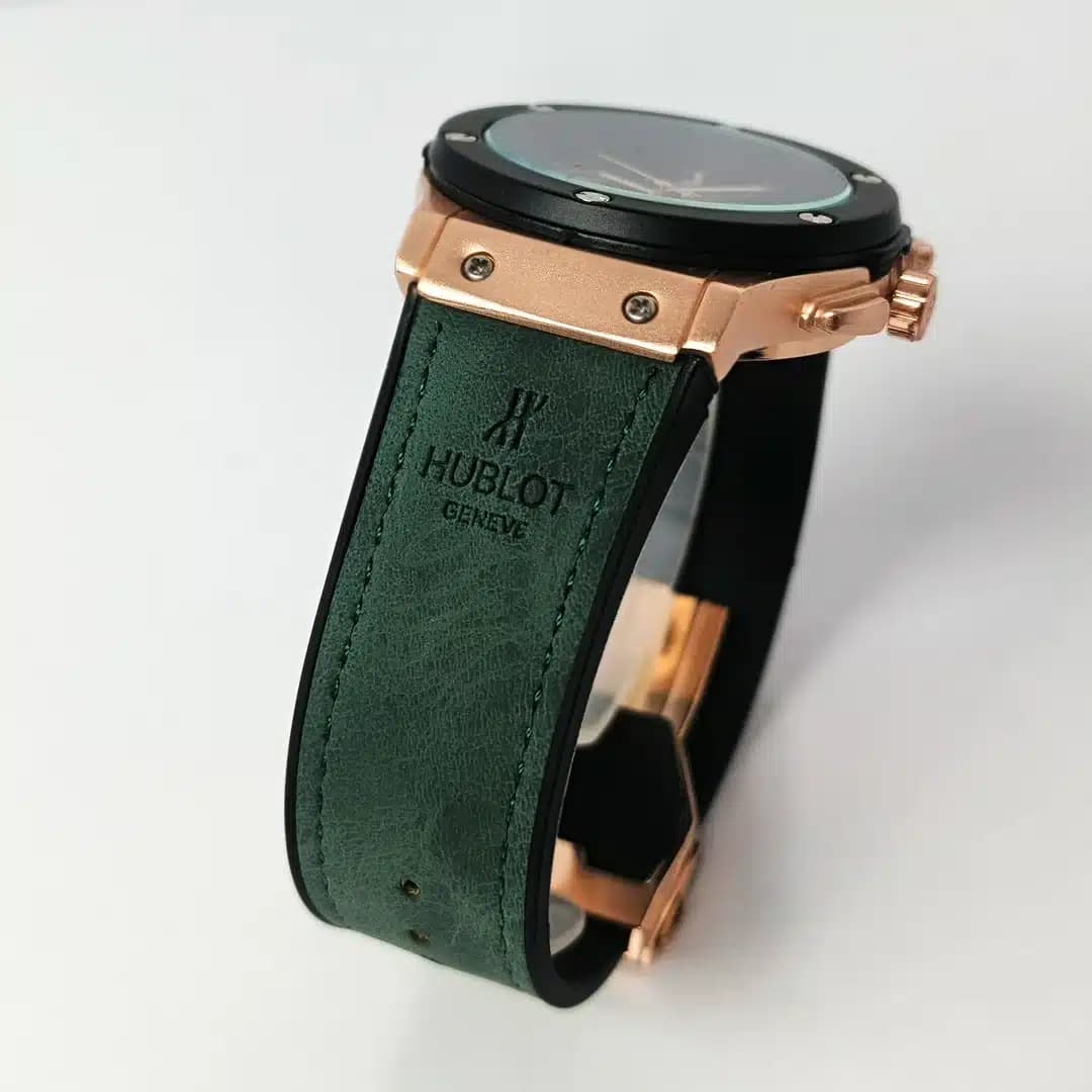 ساعت مچی مردانه و پسرانه هابلوت HUBLOT طرح کورنوگراف (های کپی درجه 1 ) رزگلد مشکی بند چرم — تصویر ۴