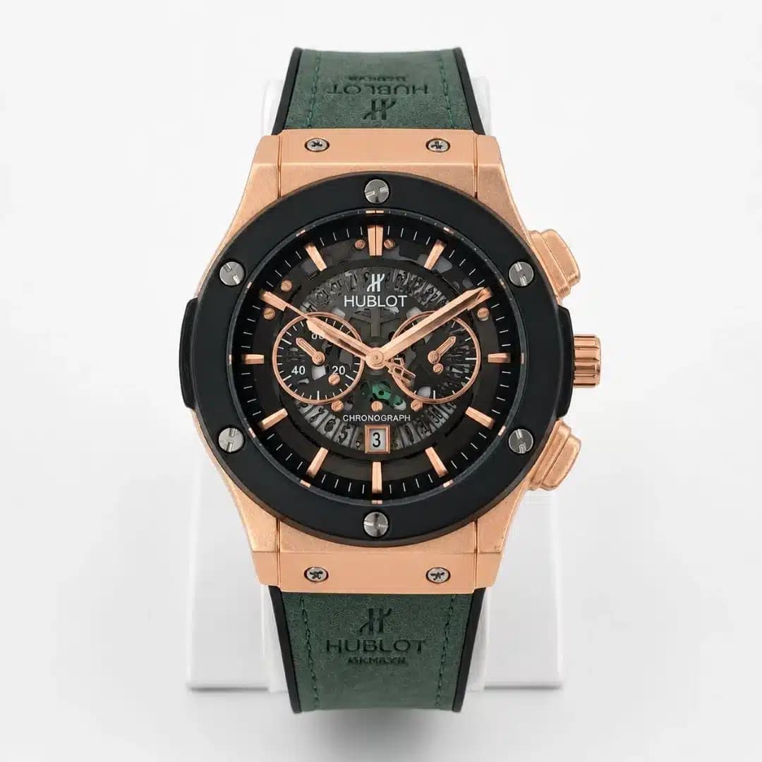 ساعت مچی مردانه و پسرانه هابلوت HUBLOT طرح کورنوگراف (های کپی درجه 1 ) رزگلد مشکی بند چرم