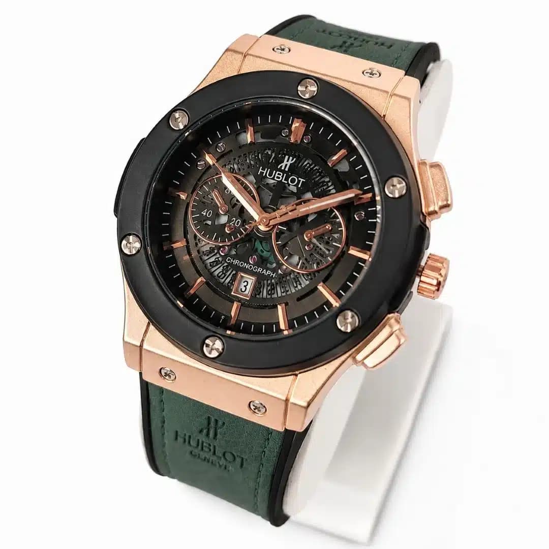 ساعت مچی مردانه و پسرانه هابلوت HUBLOT طرح کورنوگراف (های کپی درجه 1 ) رزگلد مشکی بند چرم — تصویر ۶
