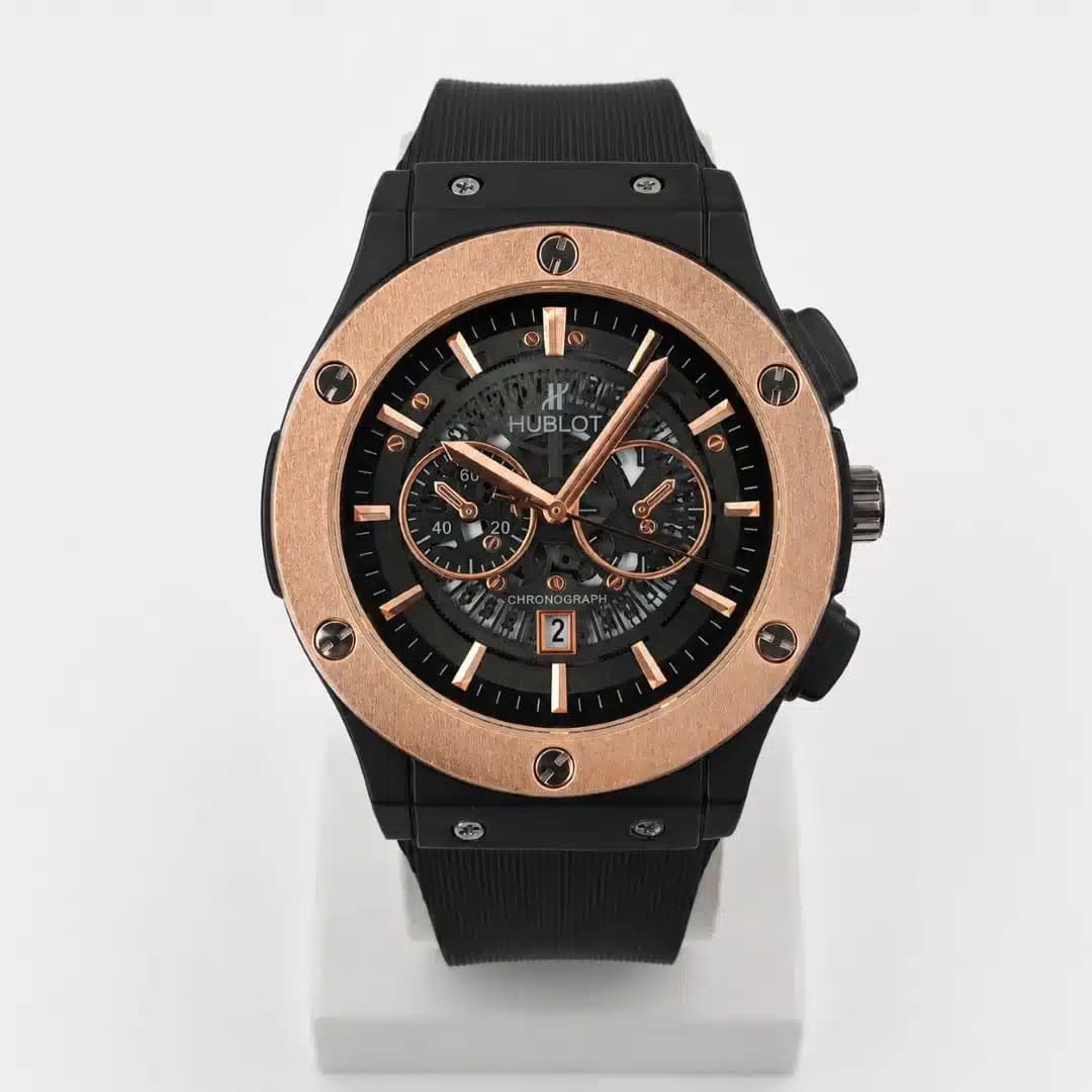 ساعت مچی مردانه و پسرانه هابلوت HUBLOT طرح کورنوگراف (های کپی درجه 1 ) مشکی رزگلد بند رابر