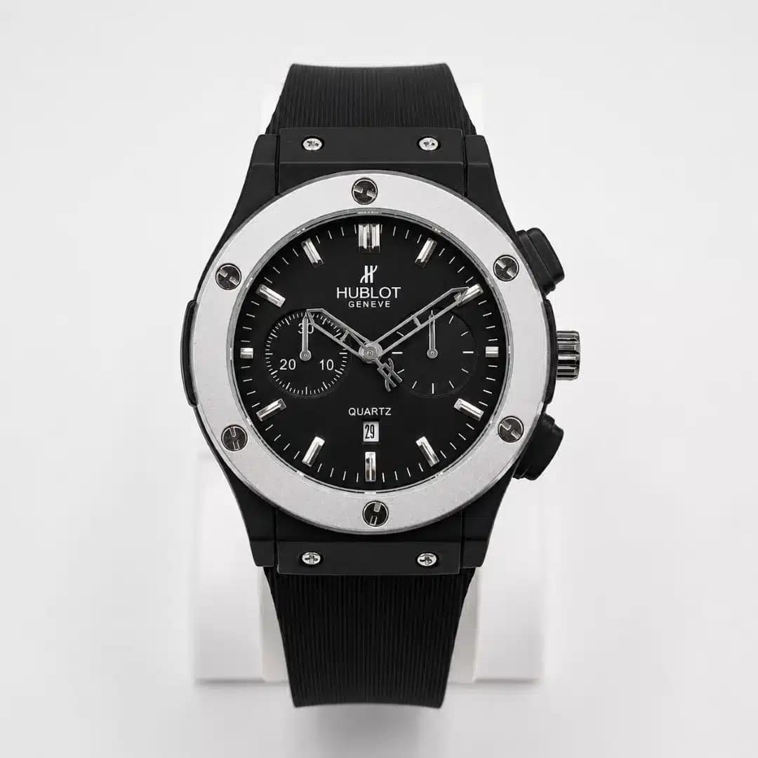 ساعت مچی مردانه و پسرانه هابلوت HUBLOT طرح کورنوگراف (های کپی درجه 1 ) مشکی نقره ای بند رابر