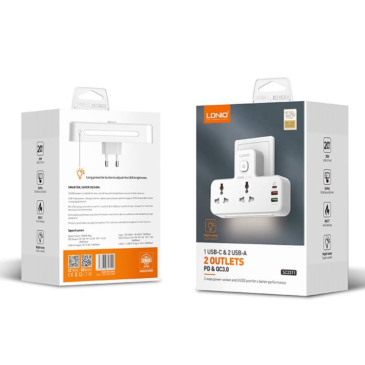 چند راهی برق 2 خانه الدینیو مدل SC2311 + شارژر USB و TYPE-C ( اورجینال ) — تصویر ۸
