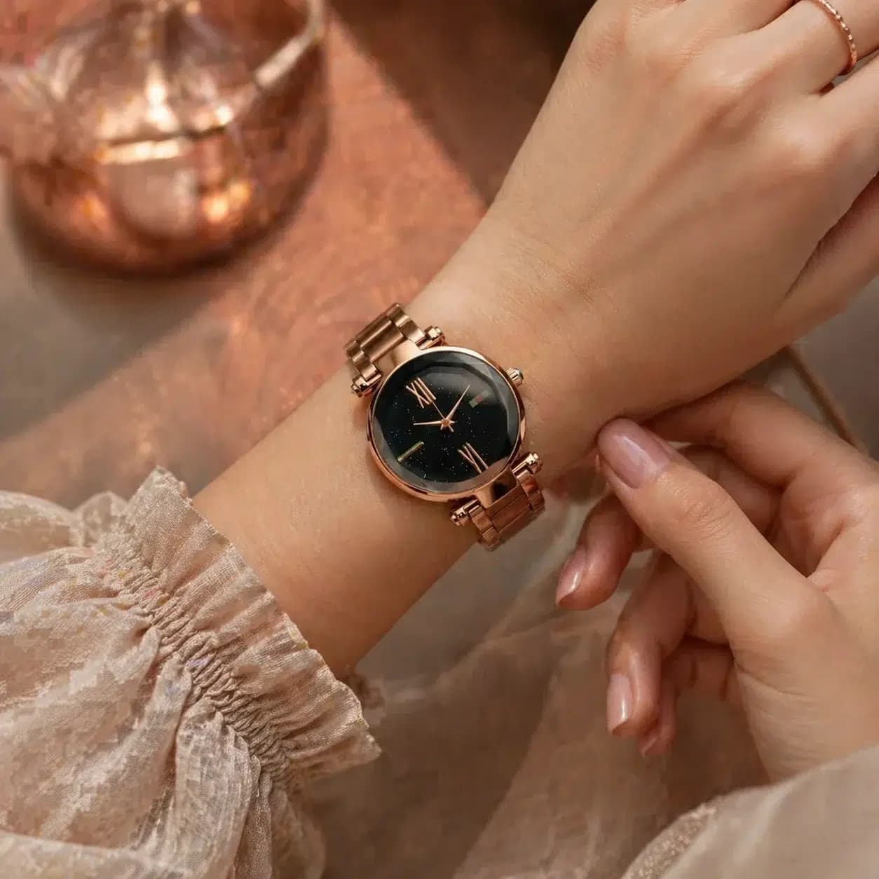 ساعت مچی زنانه گوچی GUCCI رزگلد صفحه کهکشانی بند رزگلد — تصویر ۸