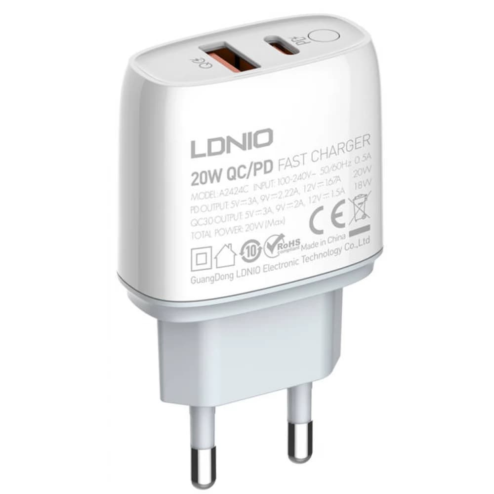 شارژر 2 پورت دیواری فست 22.5W الدینیو مدل A2424C + کابل TYPE C ( اورجینال )