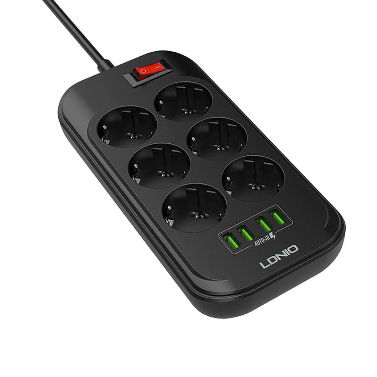 چندراهی برق 6 خانه ارت دار الدینیو مدل SE6403 + شارژر USB با کابل 2 متری ( اورجینال )