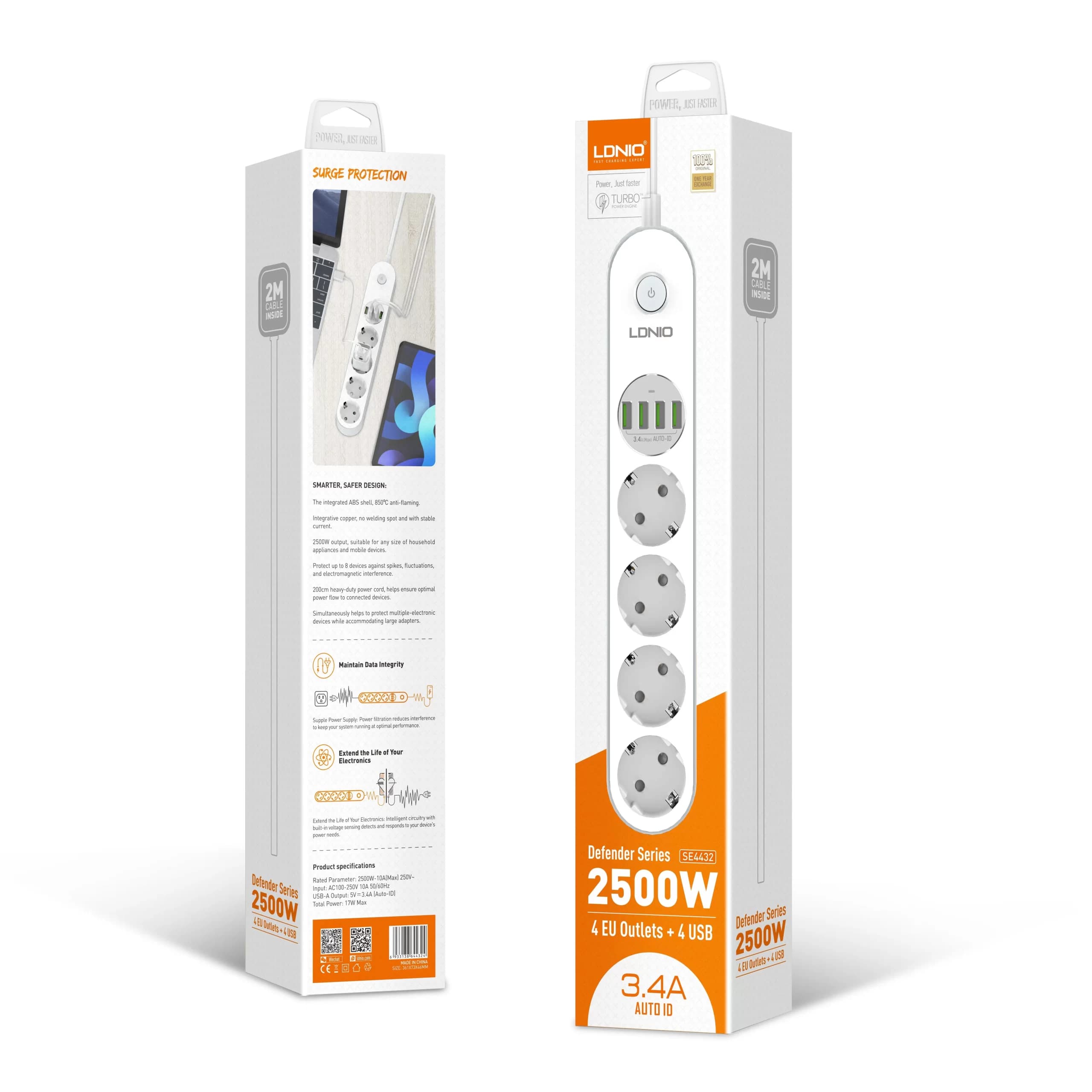 چندراهی برق 4 خانه ارت دار الدینیو مدلSE4432 + شارژر USB با کابل 2 متری ( اورجینال ) — تصویر ۶