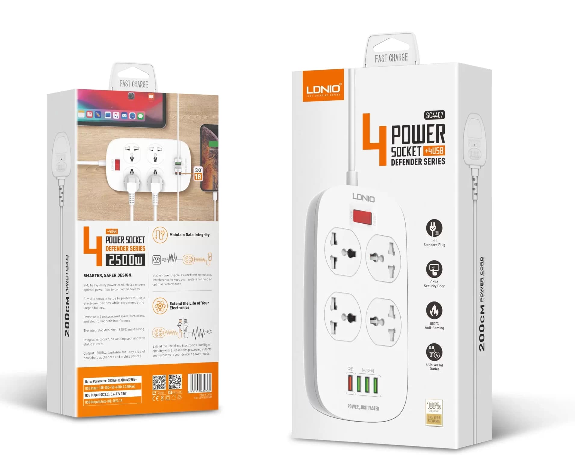 چند راهی برق 4 خانه ارت دار الدینیو مدل SC4407 + شارژر USB با کابل 2 متری ( اورجینال ) — تصویر ۱۰