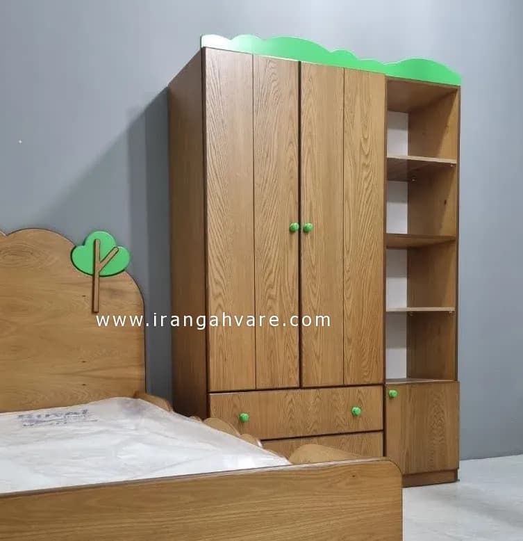 کمد نوجوان دودرب کشودار با کتابخانهٔ جانبی ۴ طبقه — مدل «سبزهزار» — تصویر ۲