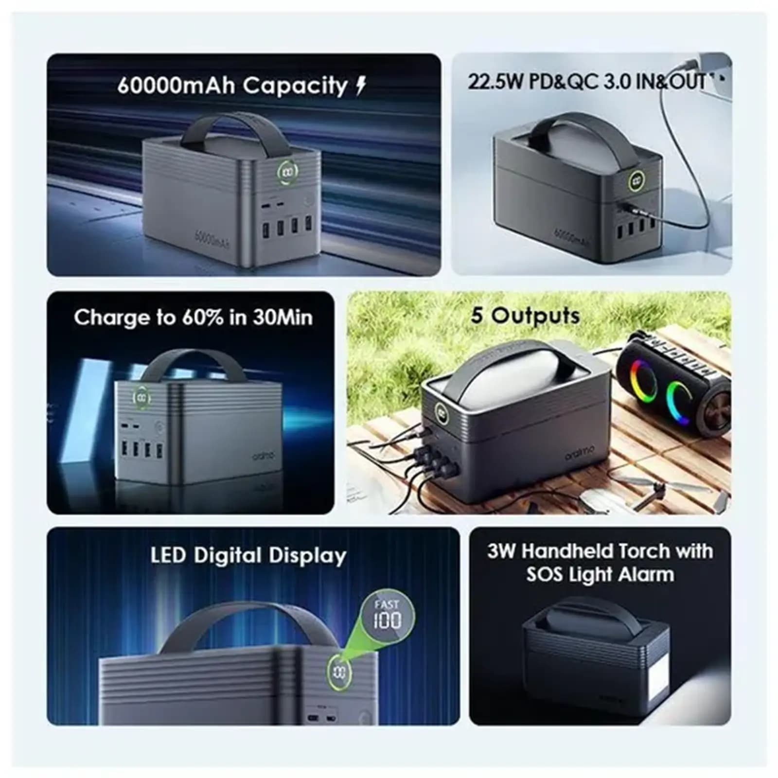 پاور بانک اورایمو مدل PowerBox 600 با ظرفیت 60000mAh و توان 22.5W + آداپتور 18 واتی — تصویر ۹
