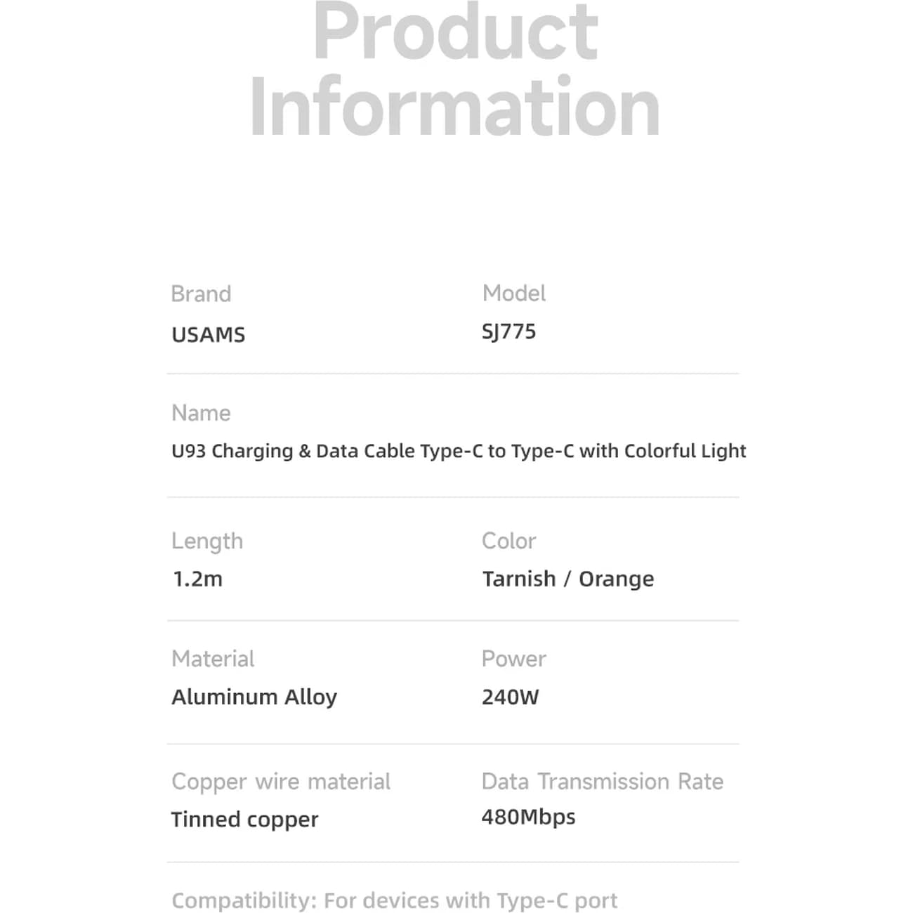 کابل شارژ TYPE-C به TYPE-C یوسمز مدل SJ775 طول 1.2 متر — تصویر ۲