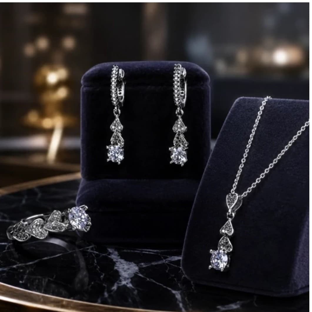 نیم ست طرح قلب نقره عیار 925 با آبکاری طلا سفید کد 131078 — تصویر ۵