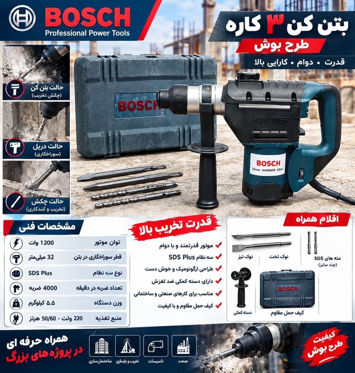 بتن کن ۷ کیلویی سه کاره طرح بوش مدل 001 — تصویر ۲