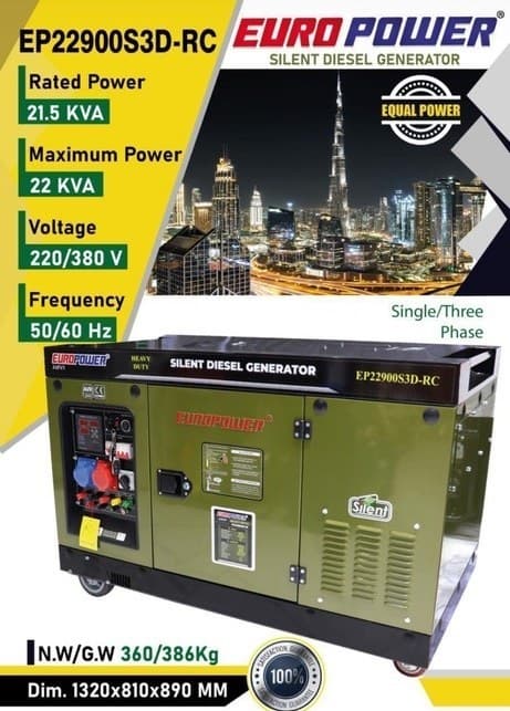 موتور برق دیزلی ۲۲ کیلووات ۲ سیلندر تکفاز سه فاز سوپر سایلنت یورو پاور مدل EP22900S3D-RC — تصویر ۳