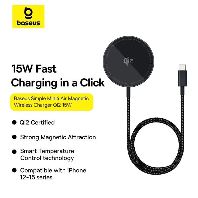 شارژر بی سیم باسئوس مدل Baseus Simple Mini4 Qi2 15w مشکی — تصویر ۹