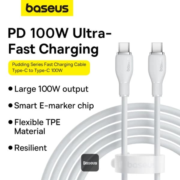کابل شارژ باسئوس مدل Baseus Pudding Type-C PD 100W 2m سفید — تصویر ۸