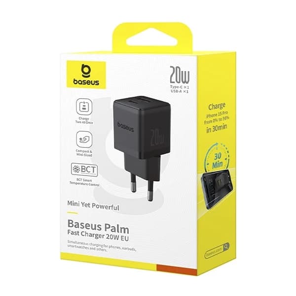 شارژر موبایل باسئوس مدل Palm Fast Charge 20W C+U مشکی — تصویر ۸
