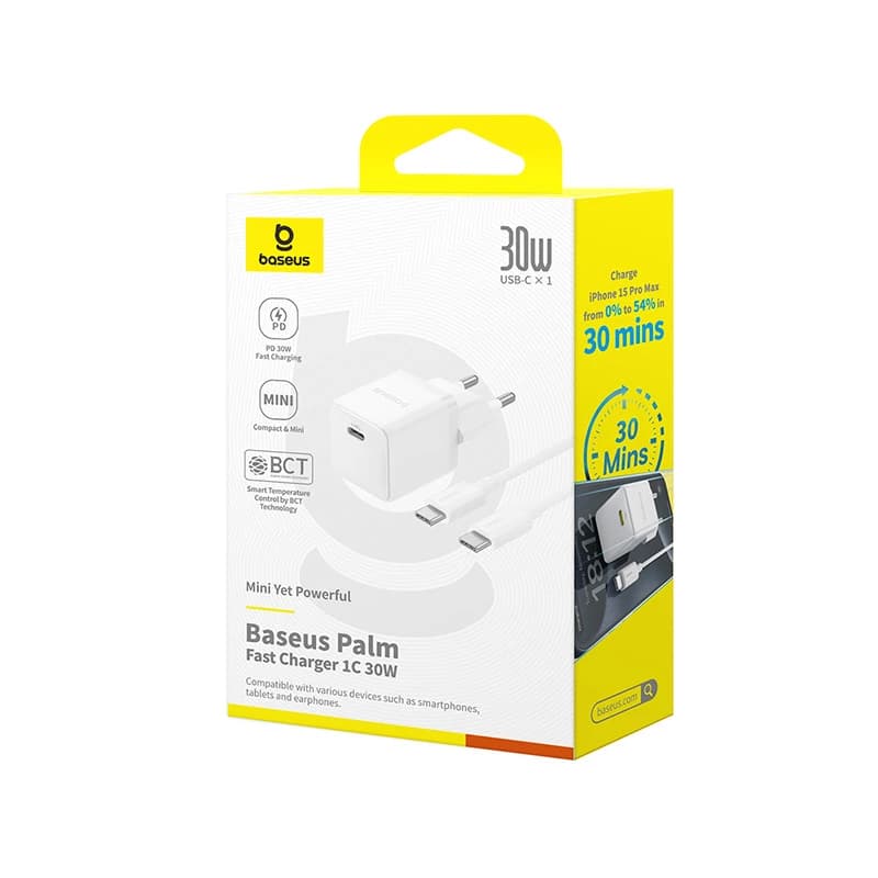 شارژر باسئوس مدل Palm Fast Charger 1C 20W به همراه کابل شارژ PD 60W سفید — تصویر ۴