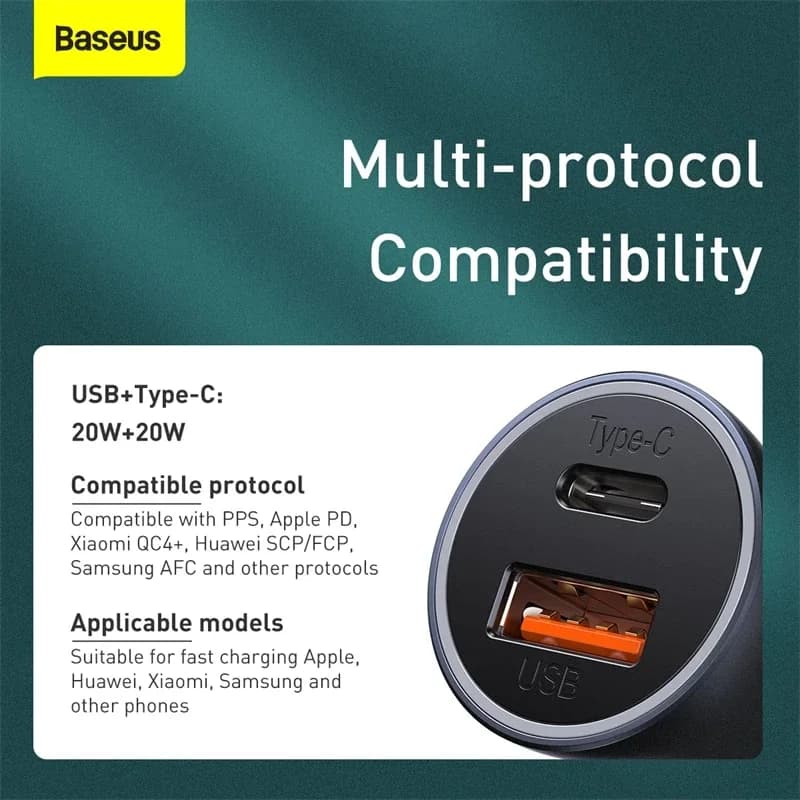 شارژر فندکی باسئوس مدل Golden Contactor Pro U+C 40W + کابل شارژ Type-C to Lightning — تصویر ۴