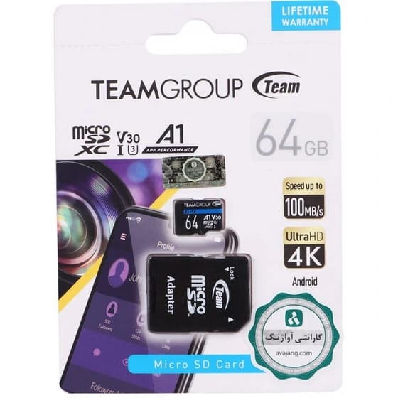 رم میکرو 64 گیگ تیم گروپ TeamGroup A1 V30 U3 C10 64GB 100MB/s + خشاب
