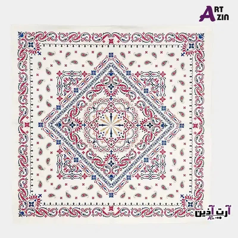 رومیزی چاپی سفید مخمل کوبیده سنتی ایرانی 90*90 سانتی طرح هندسی کد: 48 – 607