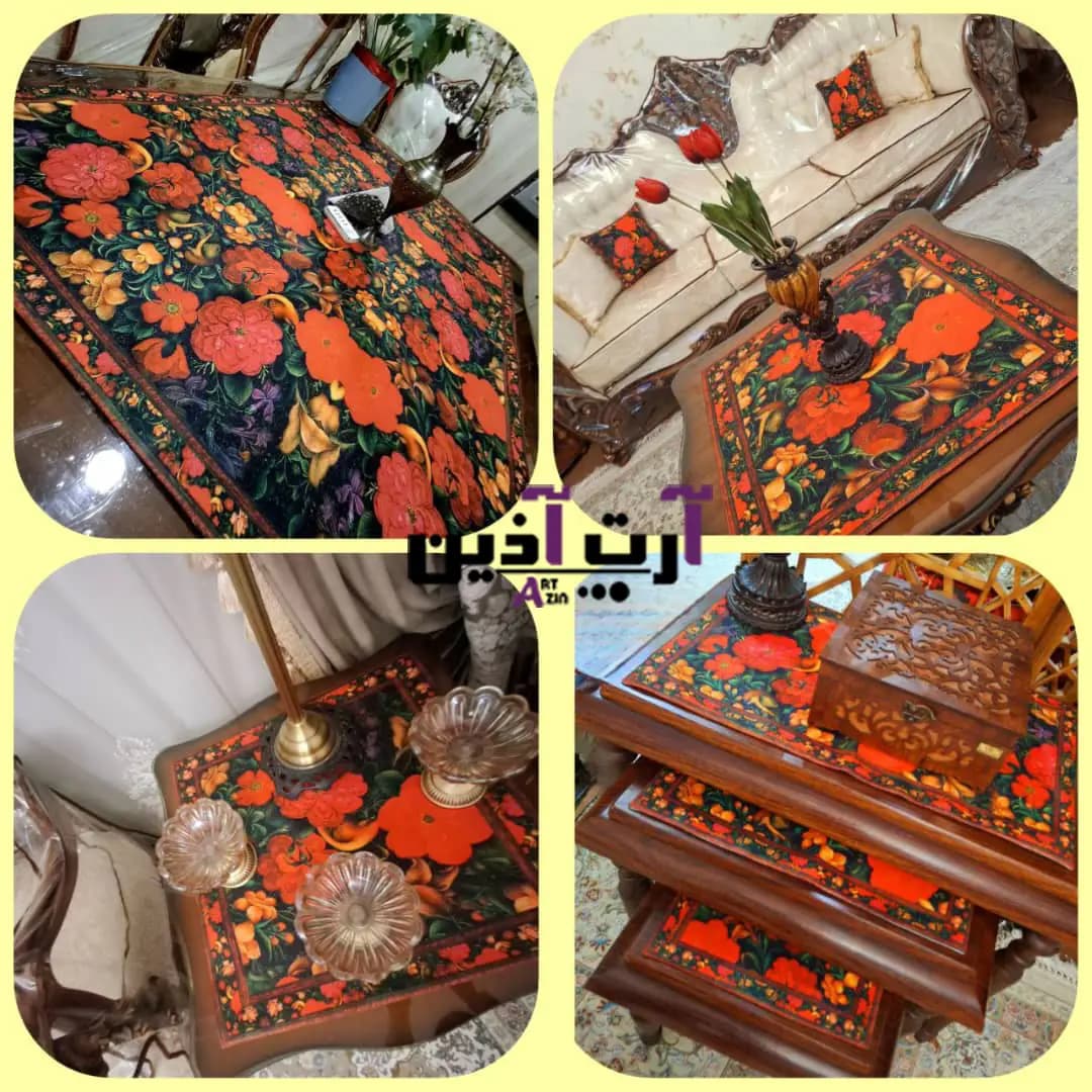 ست رومیزی و کوسن مخمل و عسلی و رانر سنتی 8 تکه طرح گل و مرغ قرمز به صورت سفارشی کد: 1 – 612 — تصویر ۲