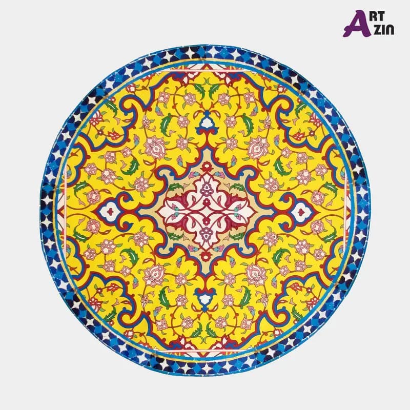 رومیزی گرد سنتی زرد مخمل جدید شیک 90 سانتی طرح گل کد: 9 – 608