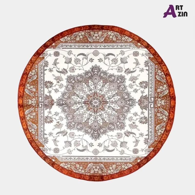 رومیزی مخمل سنتی گرد جدید شیک 90 سانتی طرح گل قهوه ای کد: 7 – 608 — تصویر ۲