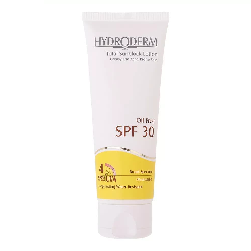 لوسیون ضدآفتاب فاقد چربی هیدرودرم SPF30 مناسب پوست چرب و آکنه دار حجم 75 میلی‌لیتر