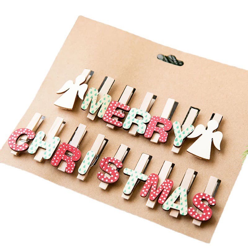 گیره فانتزی چوبی کریسمس 16 عددی مدل Merry Christmas