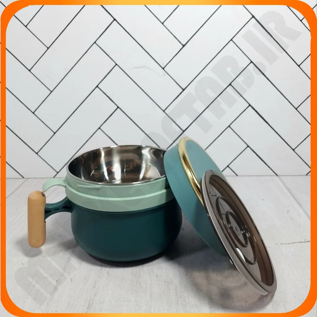 ظرف غذای دو طبقه گرد داخل استیل دسته چوبی UPXC-533 لانچ باکس — تصویر ۲