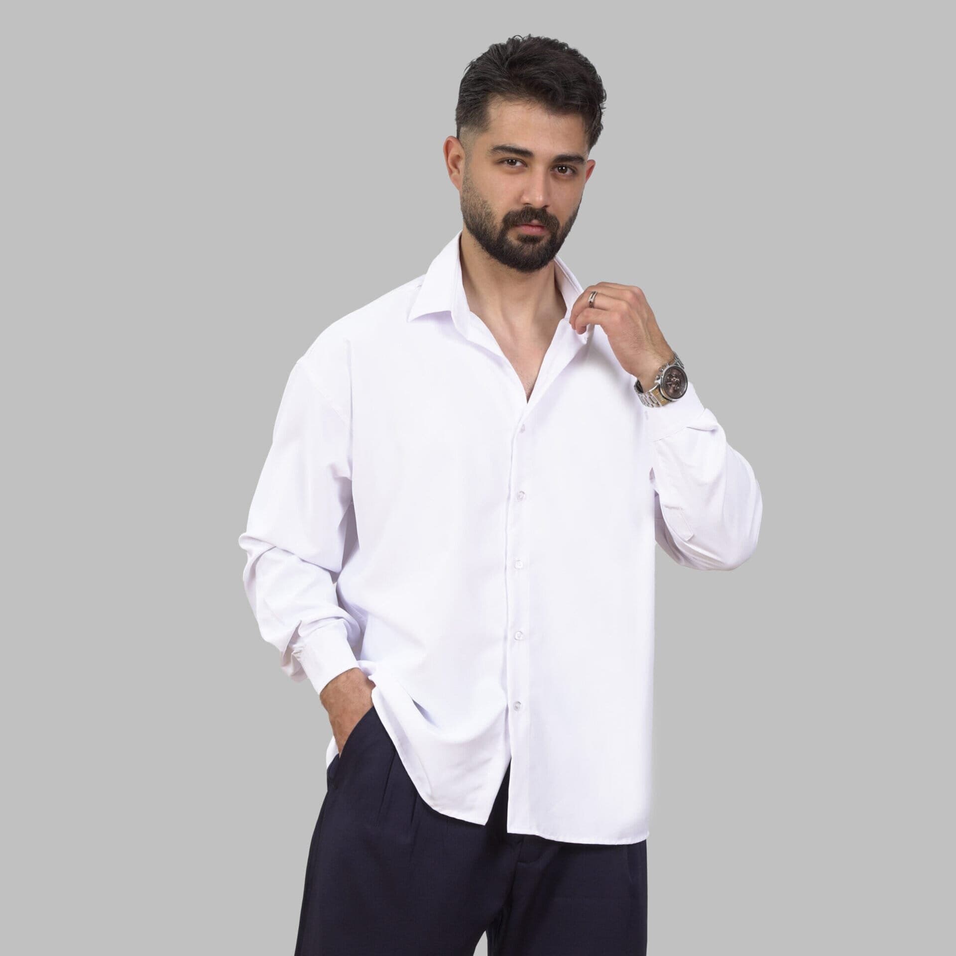 پیراهن مردانه آستین بلند پارچه دوشین استایل الد مانی خاص با کیفیت رنگ سفید کد vb1409 — تصویر ۵